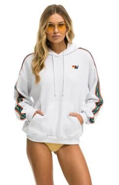 Aviator Nation Women’s Bolt Sleeve Stripe White Marble Hoodie Sweatshirt Small